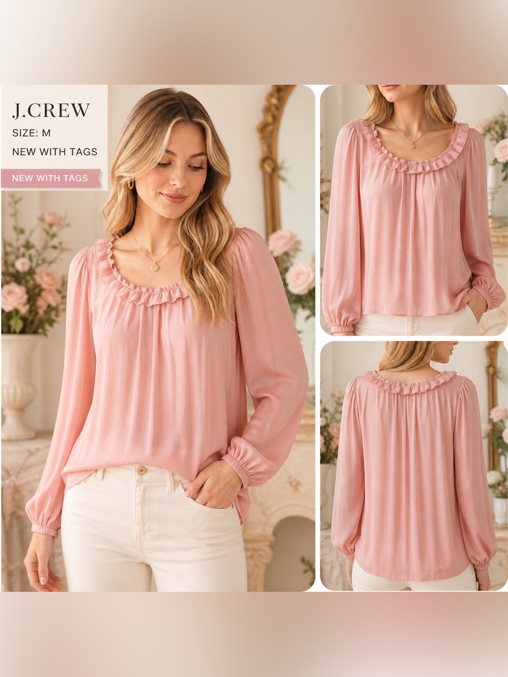 J Crew Factory Dusty pink Satin Ruffle Blouse women sz Medium New Romantic boho